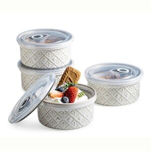 NWT 4 - 12oz Fleur De Lis Ceramic Ramekins With Lids In Off-White & Beige